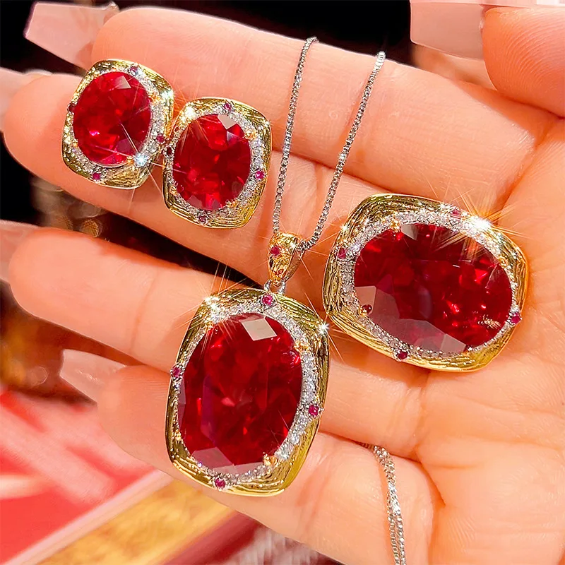 

Luxury Red Oval Gemstone Jewelry for Women Adjustable Ring Necklace Earrings Vintage Gold Cubic Zirconia Statement Jewelry Gift