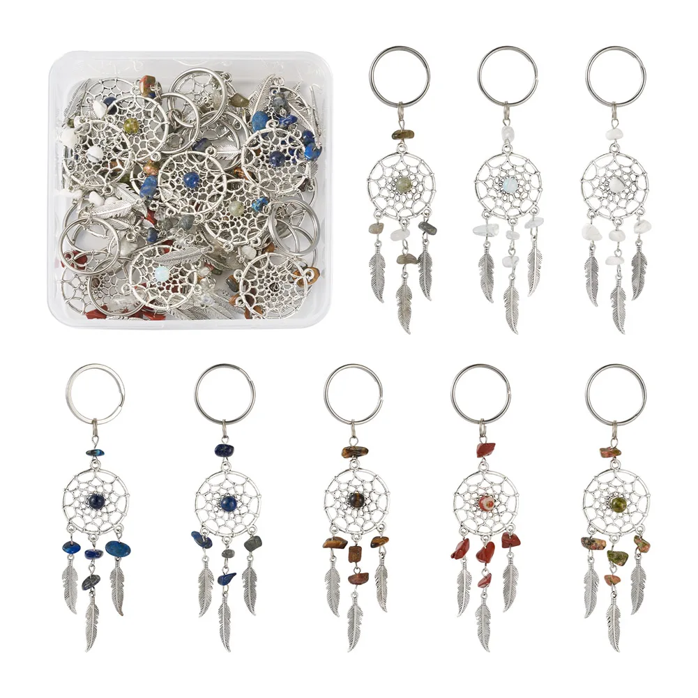 1 Box Dangle Dream Catcher Gemstone Crystal Charms Pendants Feather Filigree Ethnic Hanging Ornament DIY Keychain Jewelry Making