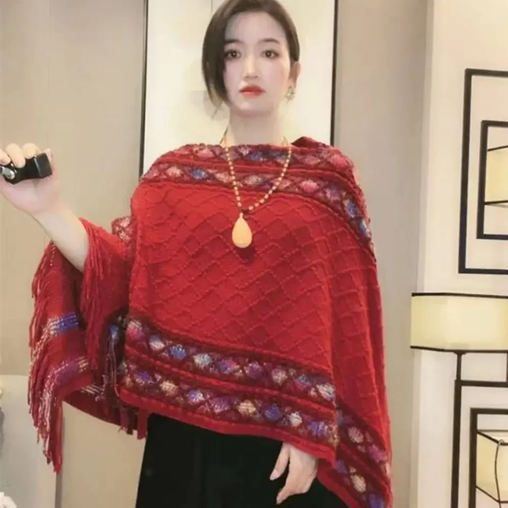 75*95cm Fashion Mongolian Poncho Women\'s Soft Ethnic Style Knitted Cape Rhombic Stripe Tassel Shawl Coat Overlays Knitting Wraps