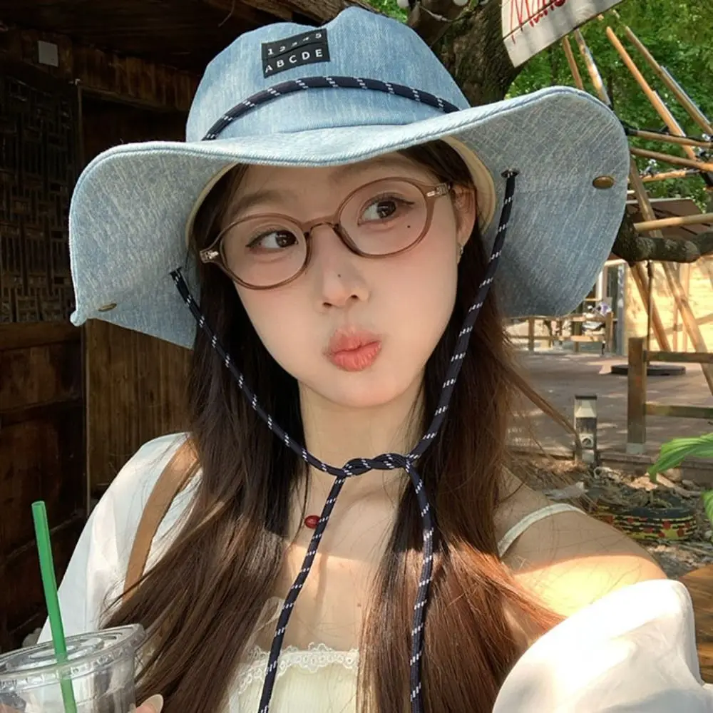 موضة واقية من الشمس قبعات رعاة البقر الغربية قبعة واسعة الحواف النمط الياباني صياد قبعة القماش الأزرق الدنيم قبعة بحافة النساء