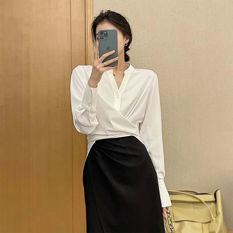 Cross Strap Design V-Neck Blouses Korean Fashion OL Slim Shirts Women Solid Color Long Sleeve Blusas High Street Spring Tops