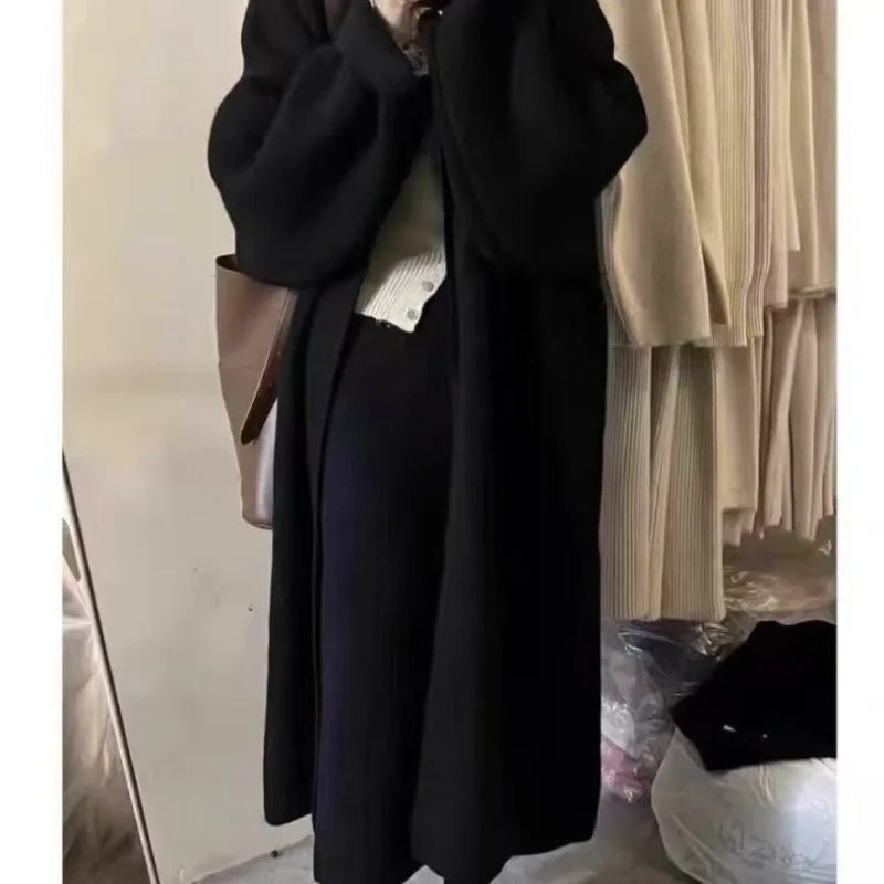 Autumn Winter Solid-colored Knee-length Loose Coats Large-sized High-end Slimming Knitted Cardigans Sweaters Mid-length Women.