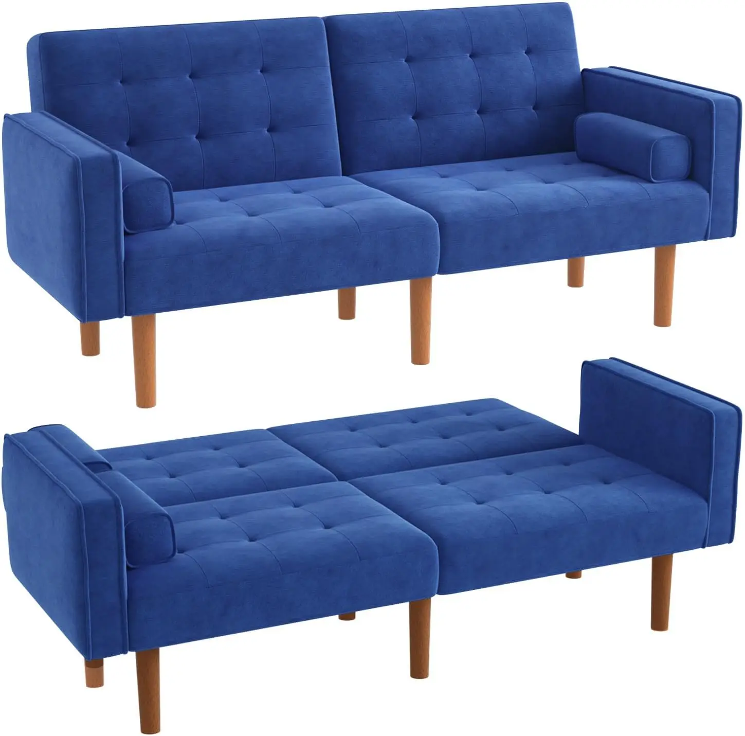 Modern Blue Convertible Futon Sofa Bed 2 Pillows & Armrests - Sturdy Wood Legs Fabric Recliner for Living Room Lounge