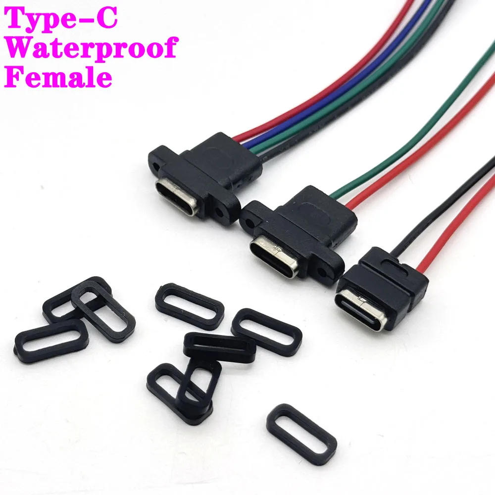 Type-C Waterproof Female 2Pin With Cable USB-C Socket Port With Screw Hole Fast Charge Charging Interface USB Connector