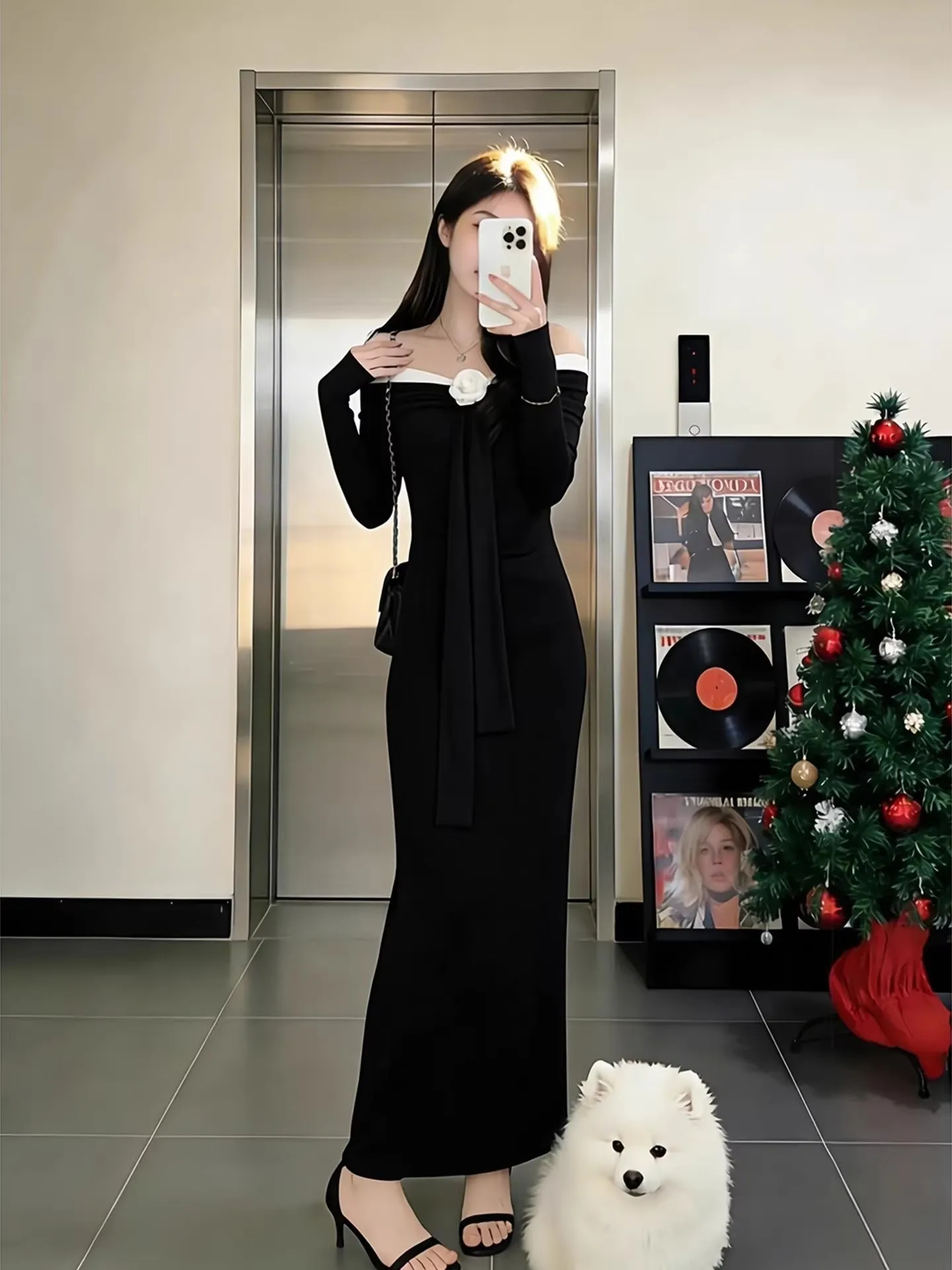 

Elegant Black Long Sleeve Slim Fit Dress French Style A-Line Skirt Polyester Fabric Casual Scene Ladies Fashion Winter Collec...