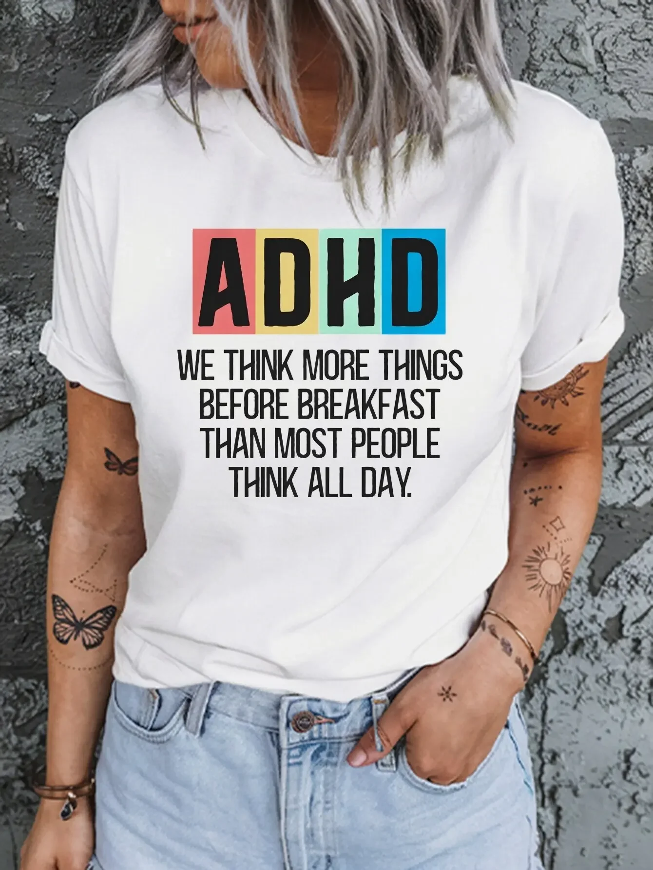 Women's casual short sleeved round neck T-shirt with ADHD print casual versatile all season short sleeved T-shirt