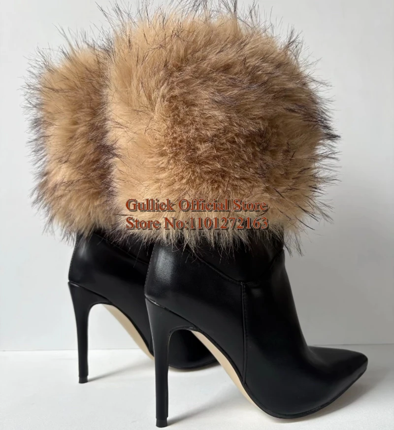 أحدث الدافئة الكاحل الفراء أشار تو منتصف العجل الأحذية جلد أسود أعلى جودة الانزلاق على النساء خنجر عالية الكعب الأحذية حجم كبير 47