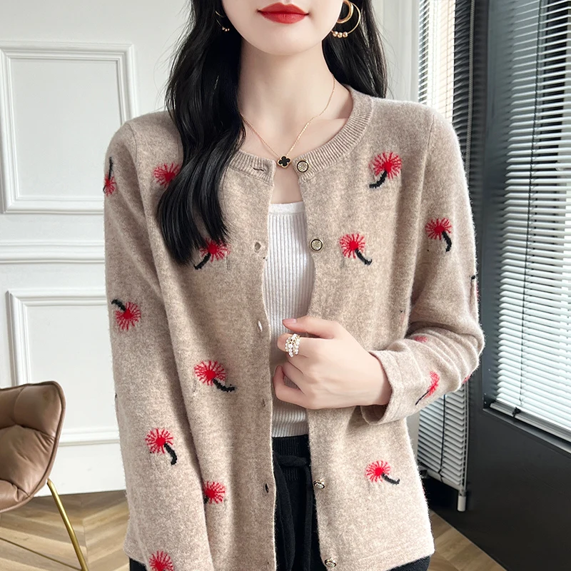 100 Pure Wool Cardigan Women's Round Neck Color Matching Jacquard Knitted Sweater Coat Fashion Joker Loose Cashmere Top