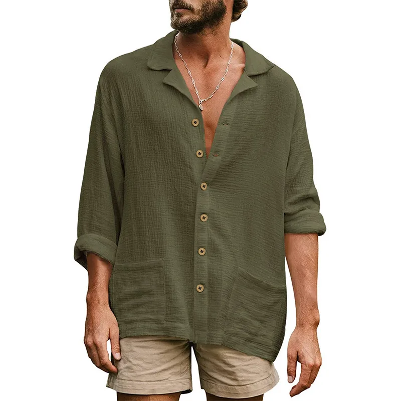 2022 New Men's Linen Short Sleeve Shirt Solid Color Casual Top Shirt Cotton Linen Shirt Tops Size S-3XL