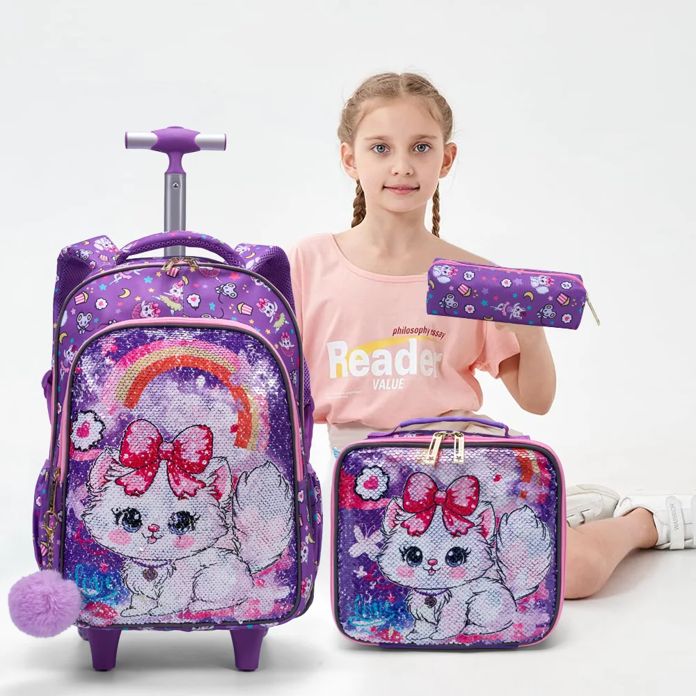 3PCS Set Rolling Backpack For Girls, Cute Cartoon Cat Sequin Design Wheeled Bags With Lunch Box And Pen Bag-Pink And Purple