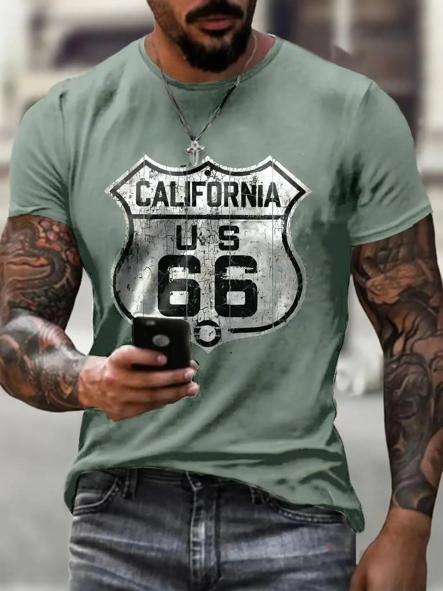 Camiseta Retro Style Men's Short Sleeve T-shirts Route 66 USA Graphic O-neck Streetwear Tshirt 3d Prited American Style T-shirt