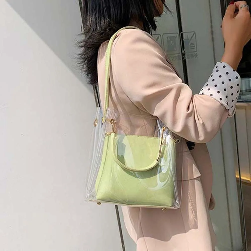 Candy Color Composite Clear Bag Waterproof 2pcs Set Jelly Handbag Detachable See-Through PVC Mini Tote Summer Vacation