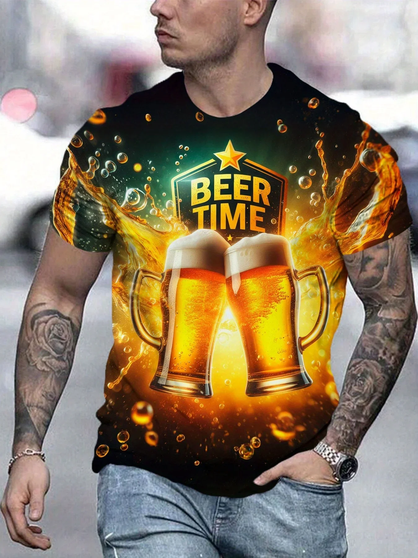 Hot Selling Men It's Beer Time T-Shirt Realistic Beer Foam Droplet Graphic 3D Print Short Sleeve Funny Drinking Novelty Tee Tops
