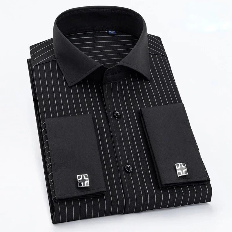 Men French Cufflinks Shirt High Quality Hidden Button Men\'s Long Sleeve Casual Slim Fit Cuff Dress Shirts (Cufflinks Included)