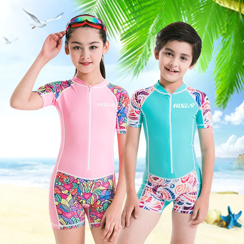 HISEA Kid Short-Sleeved 0.5mm Lycra Surf Clothing Sunscreen Swimsuit Swimwear Individuality Wetsuit One Piece Swimsuit Suit Kids