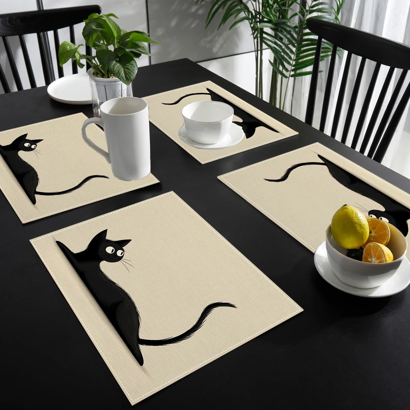 4/6/8pcs Black Cat Tail-Wagging Printed Placemats, Festive Linen Table Mats for Kitchen Dining Table, Party Celebrations