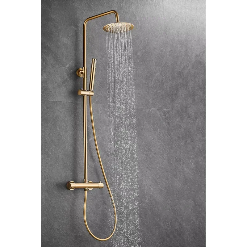 Brushed Diamond Gold Thermostatic Shower Set Bathroom Wall-Mounted Shower Faucet System with Handheld Shower Head