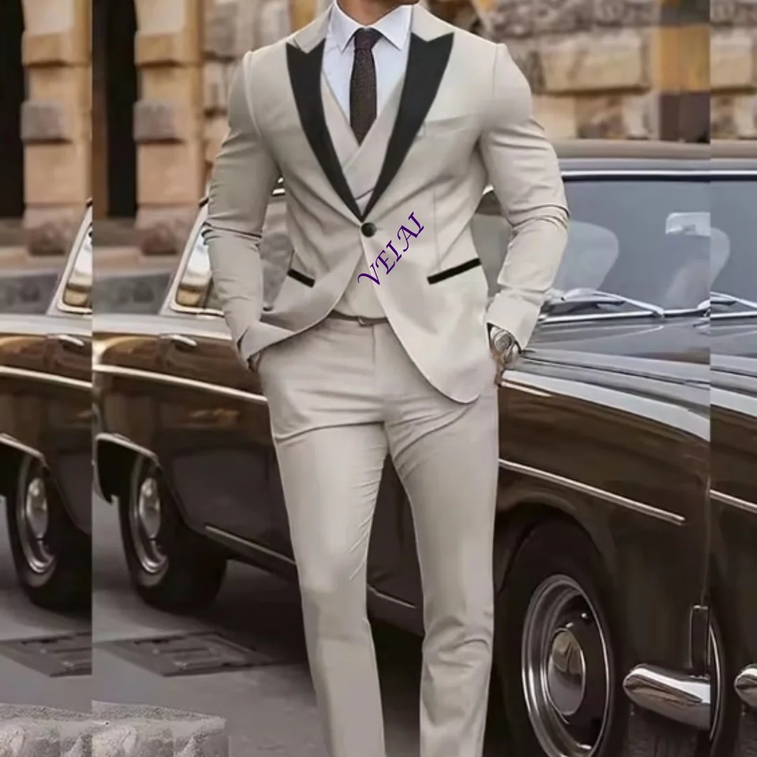 CustomizedElegant One Button Men's Suits Fashion Peak Lapel Regular Length Male Clothing High Quality Wedding 3 Piece Jacket Pan