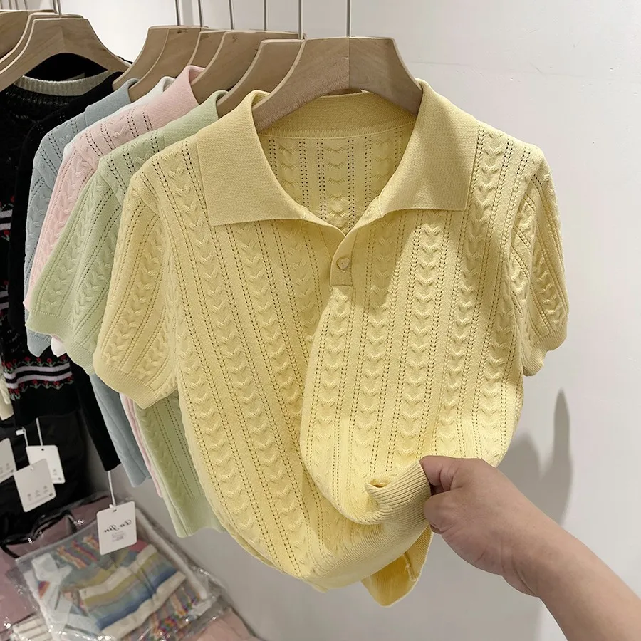 Soft Sticky Ice Silk Knitted Sweater for Women Summer Short Sleeve  Collar Thin Top