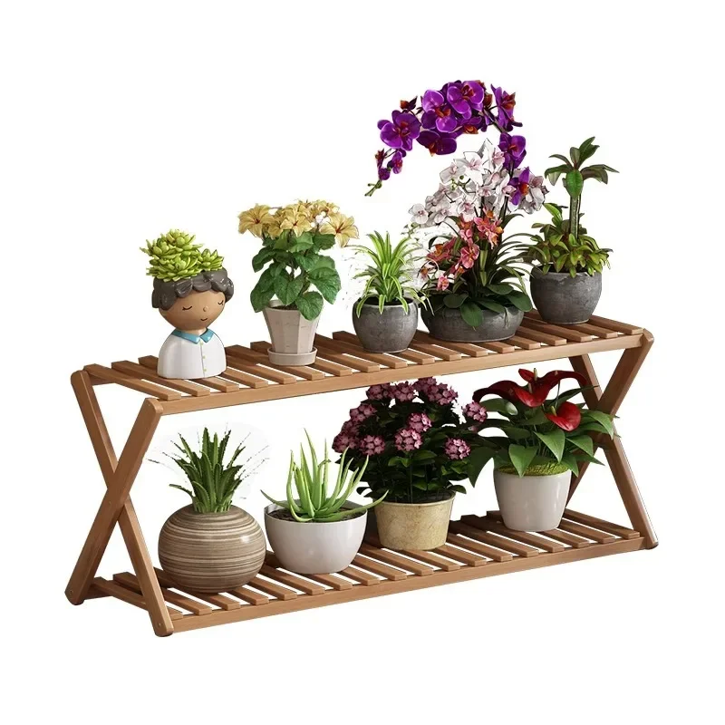 Double layered bamboo and wood folding flower rack, balcony plant rack, flower pot rack, courtyard flower rack, storage rack