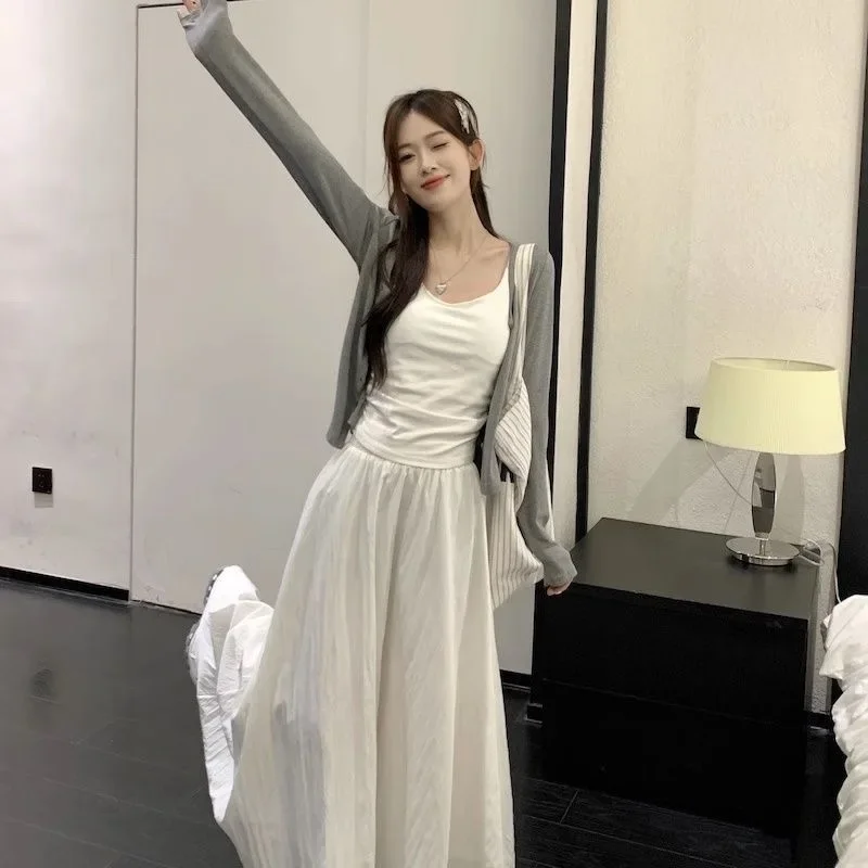 

Korean Basics 3 Pieces Suit for Women, Gray Knit Cardigan, Sleeveless Vest, Long Skirt, Casual, Spring, 2025