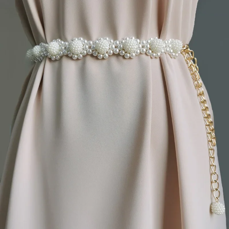 

110CM White Pearl Braided Waistband Female Dress Shirt Decoration Waist Chain Gothic Elegant Pearl Pendant Belt for Women