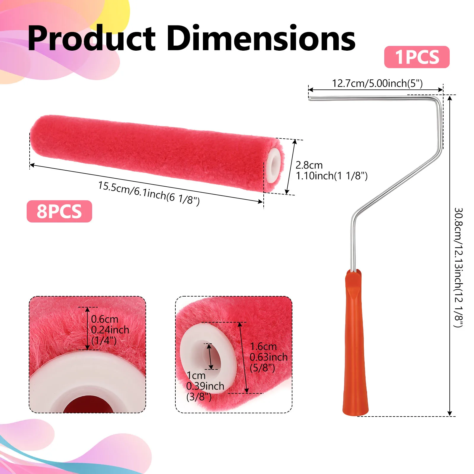 8Pcs 6 Inch Paint Roller Brush with Roller Frame Mohair Paint Roller Covers Reusable Short Nap Coverage Walls Cabinets Furniture