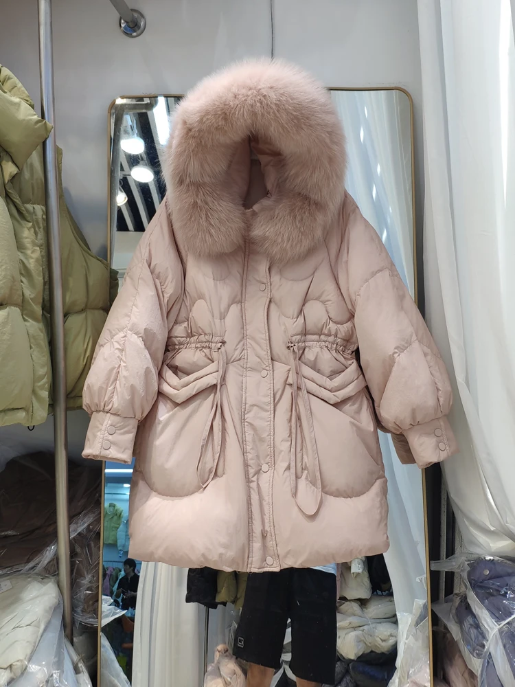 Parkas con cuello de piel de zorro Natural para mujer, abrigo de plumón de pato blanco, chaqueta acolchada de longitud media, cintura gruesa, nueva