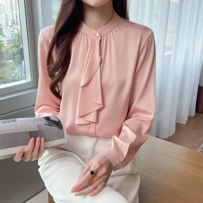 Blusas femininas vintage camisas de cor sólida moda solta verão arco roupas coreanas manga comprida chiffon casual feminino topos