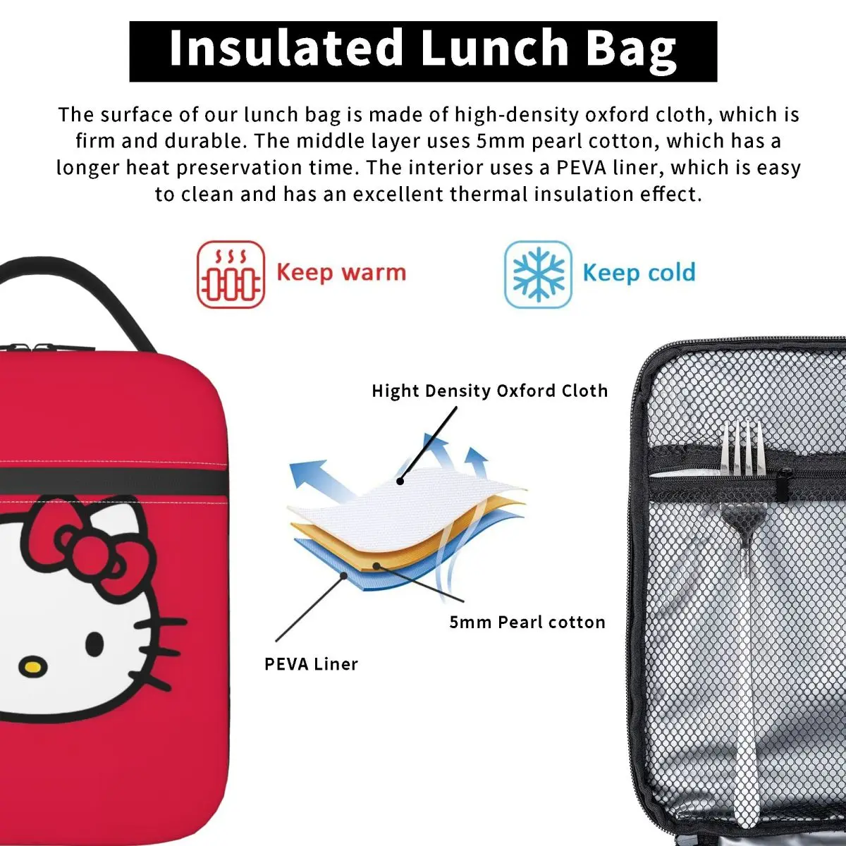 Hello Kitty Face Leuke geïsoleerde lunchtassen Hoge capaciteit Maaltijdcontainer Thermische tas Lunchbox Tote Kantoor Reizen Heren Dames