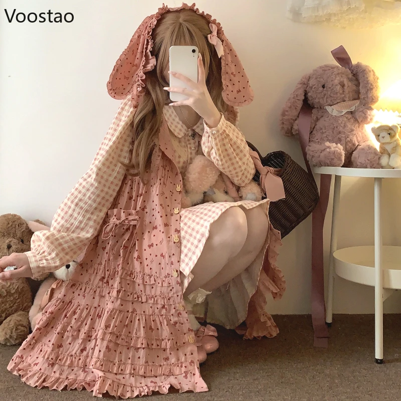 Original Sweet Lolita Style Mini Dress Women Cute Bunny Ears Hooded Cotton Coat Dress Girls Kawaii Rabbit Ears Trench Dresses