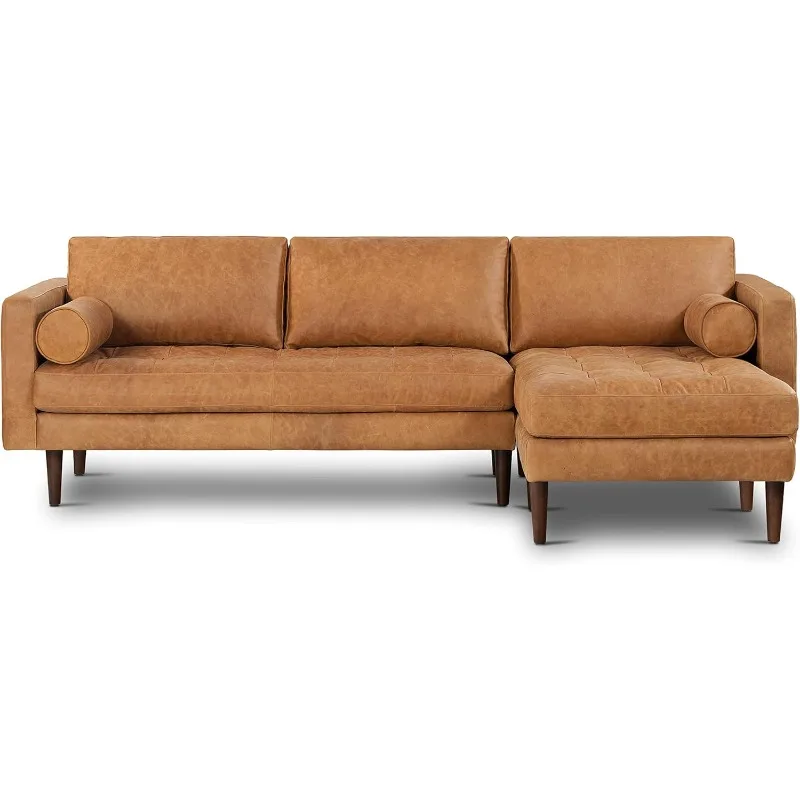 Leather Couch – Right-Facing Sectional Sofa - Tufted Back Full Grain with Feather-Down Topper On Seating Surfaces Pure