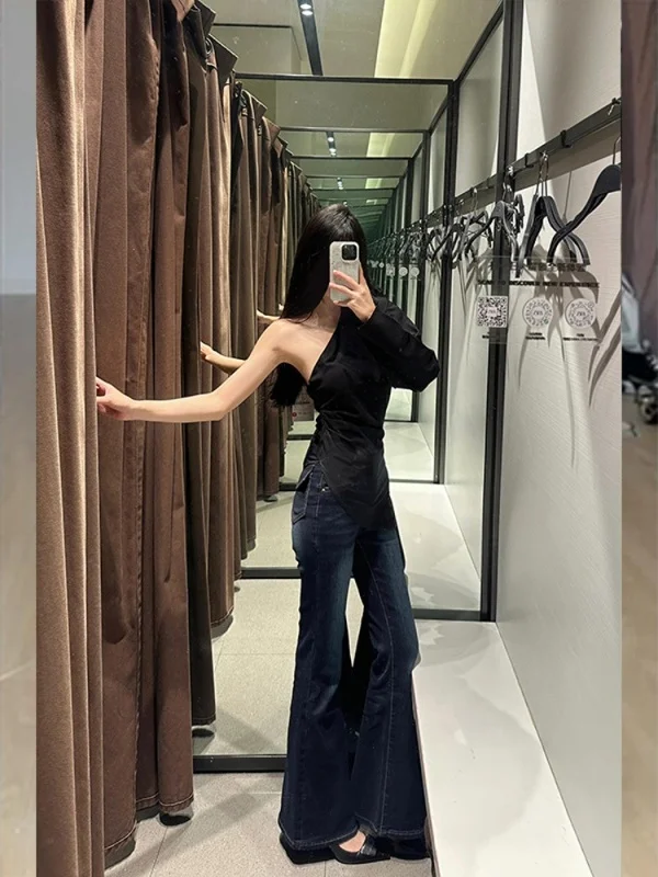 Jeans a Zampa d'Elefante a Vita Alta da Donna, Primavera Estate, Vintage, Slim Fit, Elasticizzati, Lunghezza Pavimento, Stile Americano