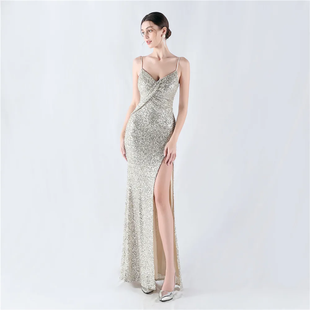 Women's Spaghetti Formal Dresses High Side Split Elegant Evening Gown for Women Long Sequins Dress