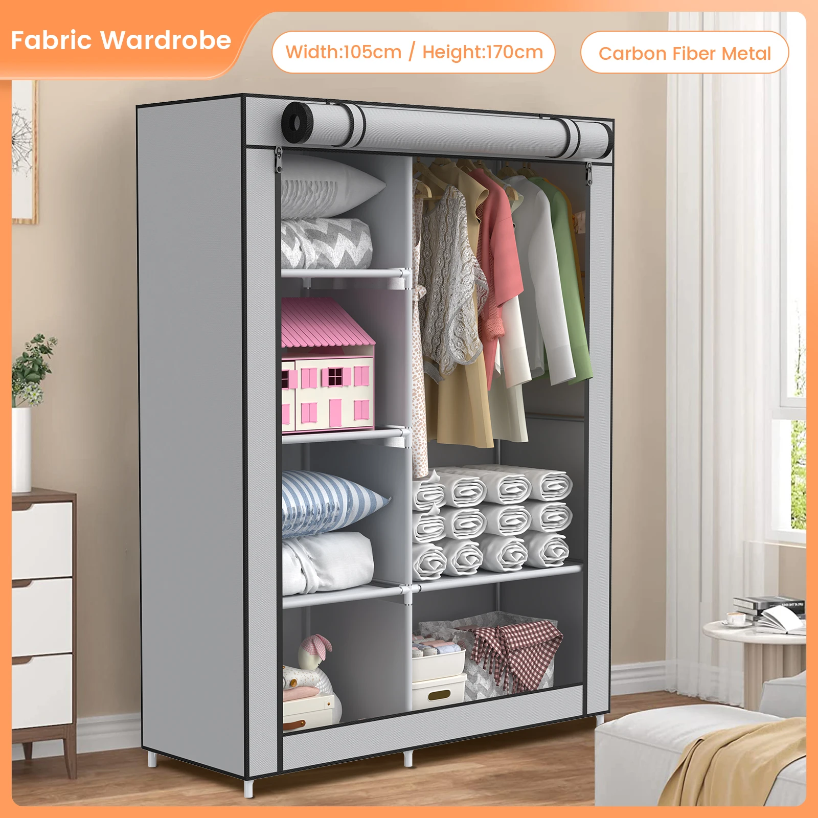 Foldable Closet,Canvas wardrobe Cupboard ,with Clothes Hanging Rail and Shelves, Portable Fabric Cupboard for Home Organization