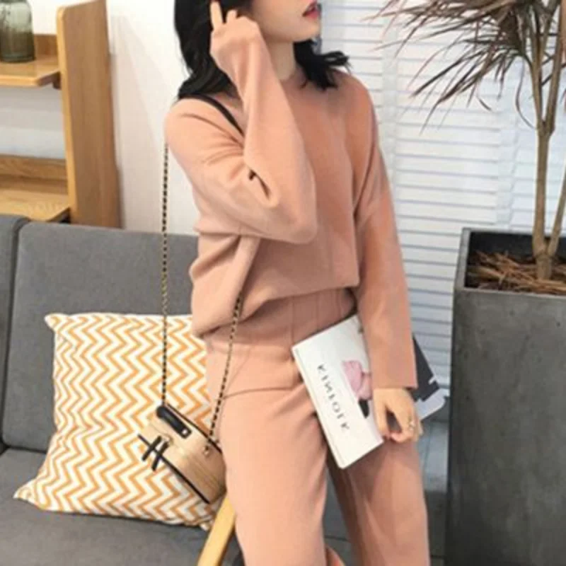 Women Autumn Winter Korean New O-Neck Knitted Set Fashion Lazy Casual Sweater High-rise Elastic Wide Leg Pants Long Pants Set