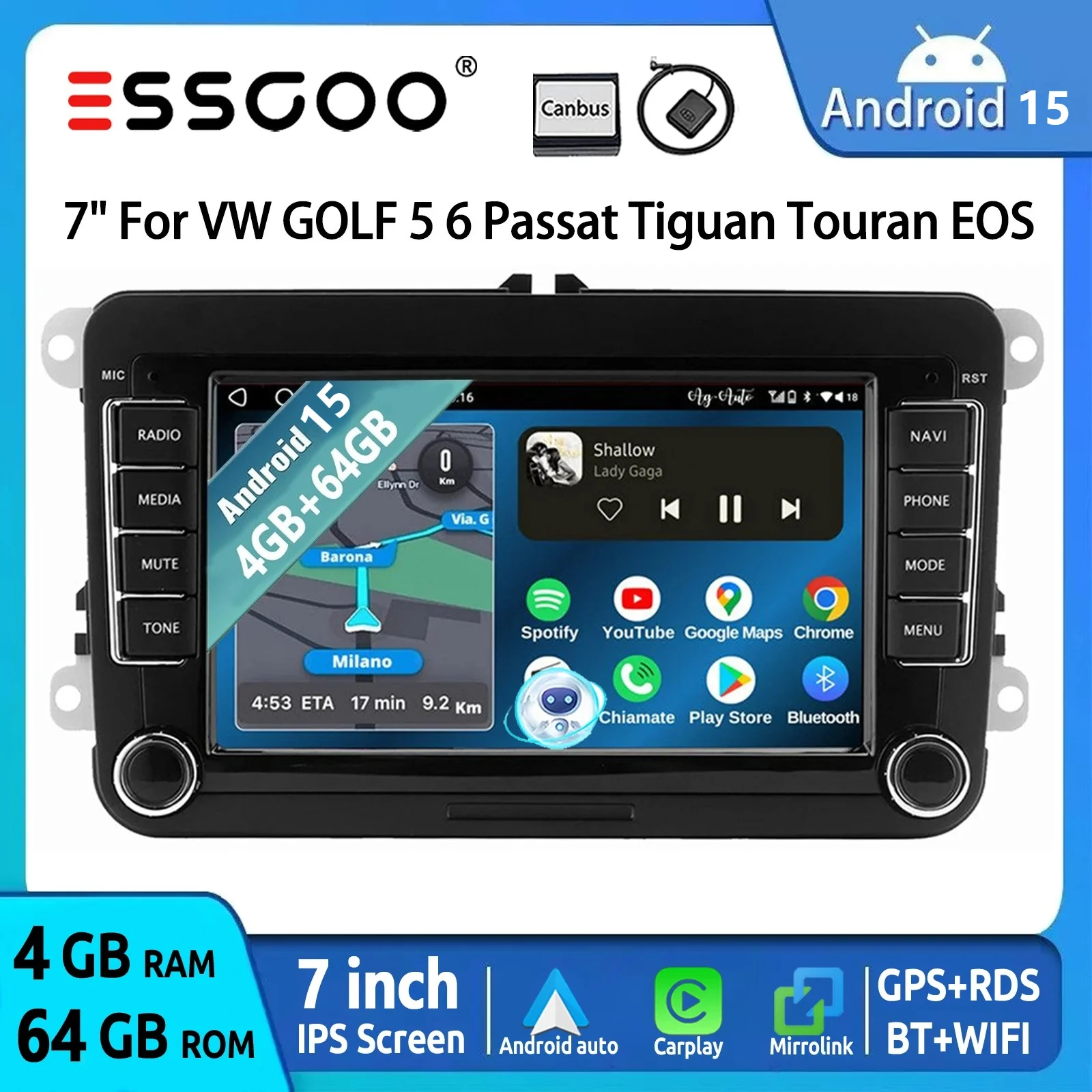 ESSGOO 7" Android14 Carplay Car Stereo GPS NAV RDS FM BT for VW Golf 5 6 Passat Polo 6R Touran Tiguan Caddy EOS Jetta Seat Skoda