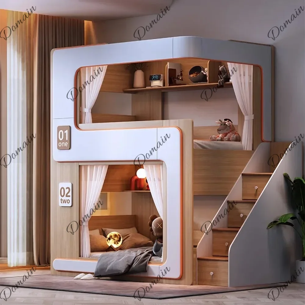 ER Simple Small Space Bunk Bed for Compact Living Floating Style High Guardrail Privacy Separated Twin Bed with Double Bookshelv