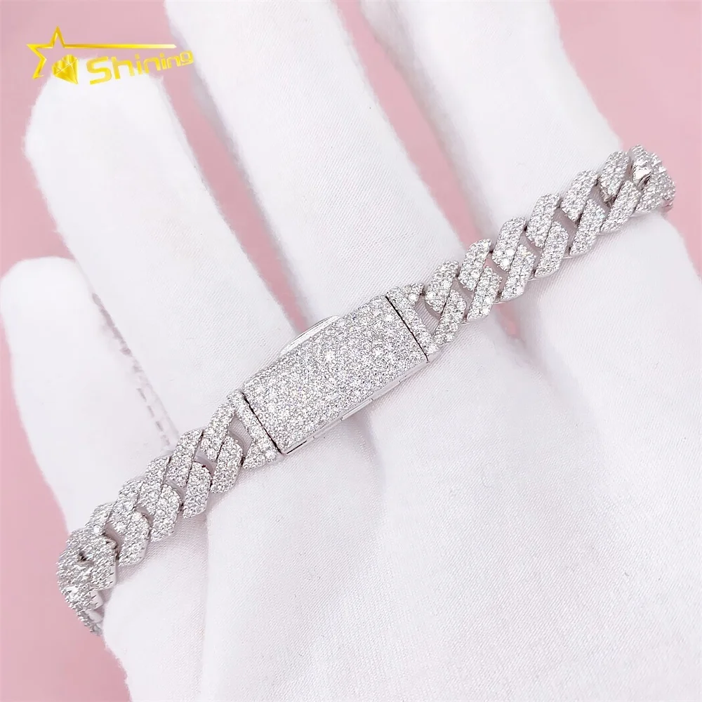 Hip Hop Style 8mm Width 2 Rows 925 Silver Iced Out Diamond Bracelet Moissanite Cuban Link Chain