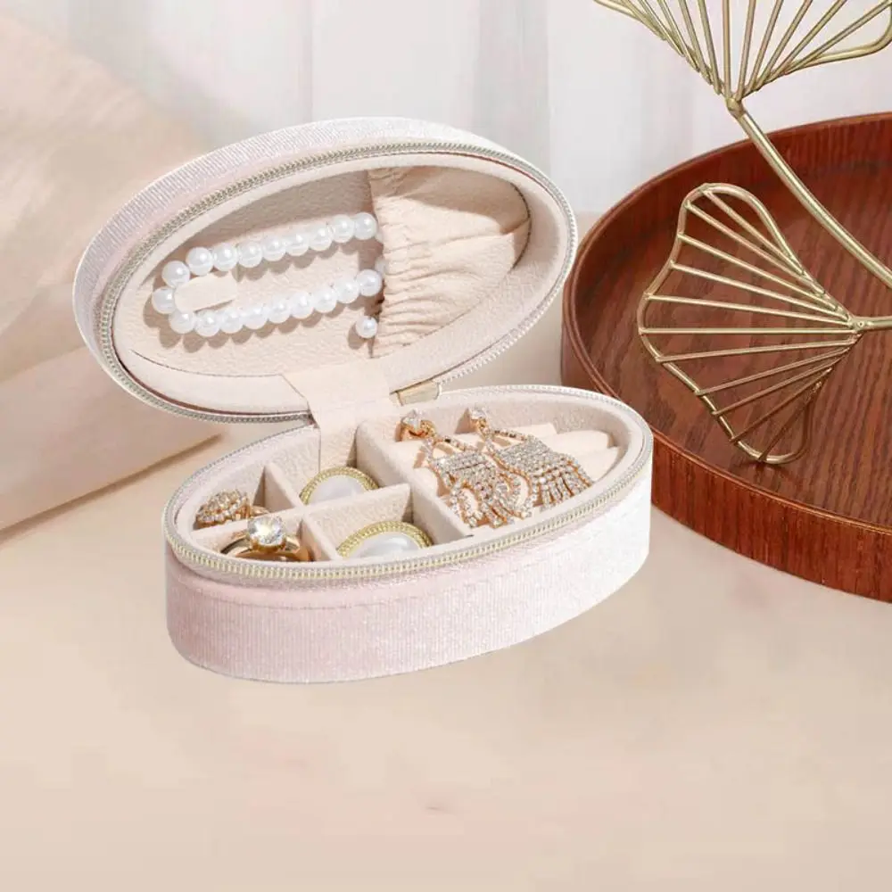 Vintage Velvet Oval Jewelry Box Mini Large Capacity Necklace Storage Display Box Zipper Jewelry Organizer Travel
