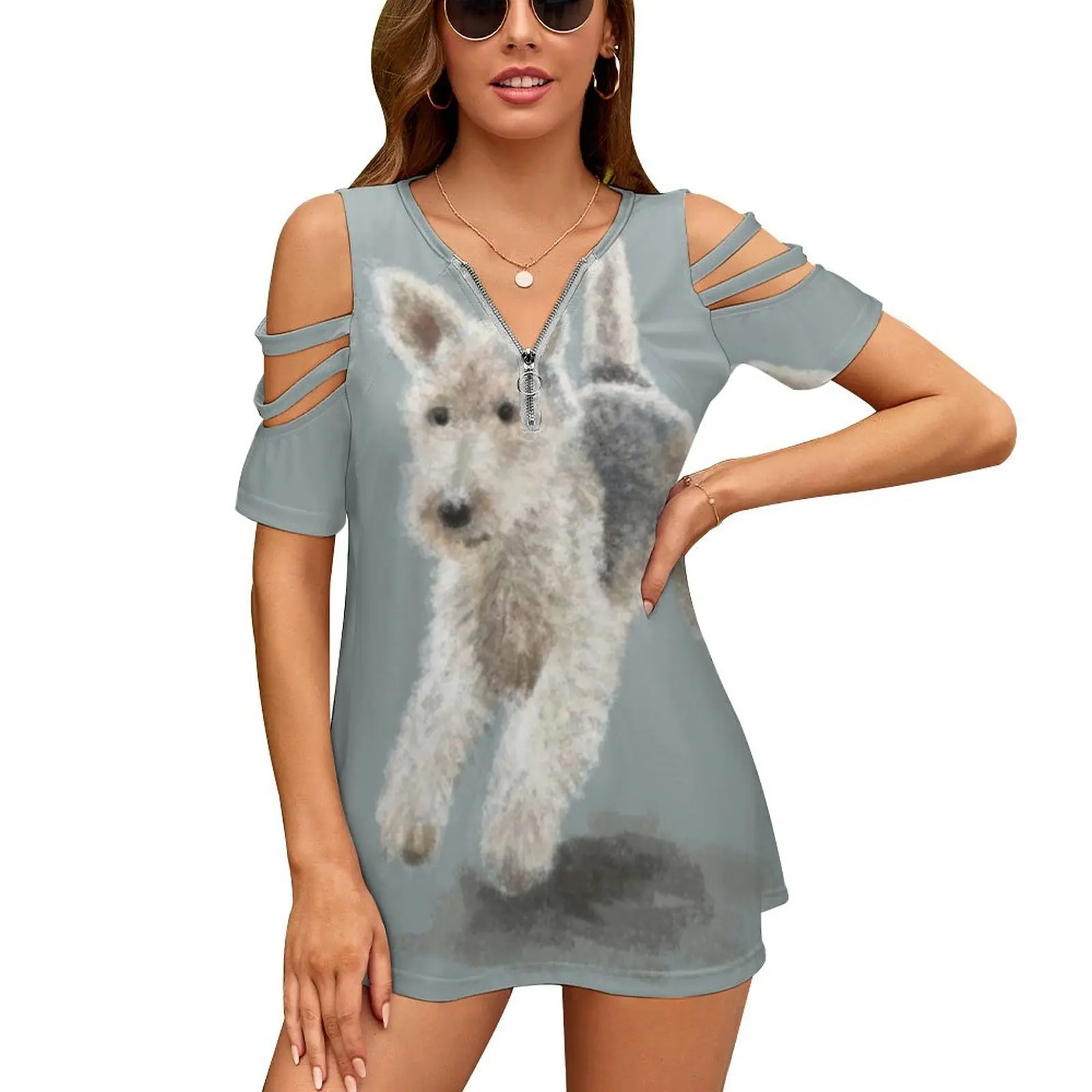 The Fox Terrier New Fashion Zip Off Shoulder Top Short-Sleeve Women Shirt Fox Foxy Foxies Dog Dogs Terrier Terriers Small Breed