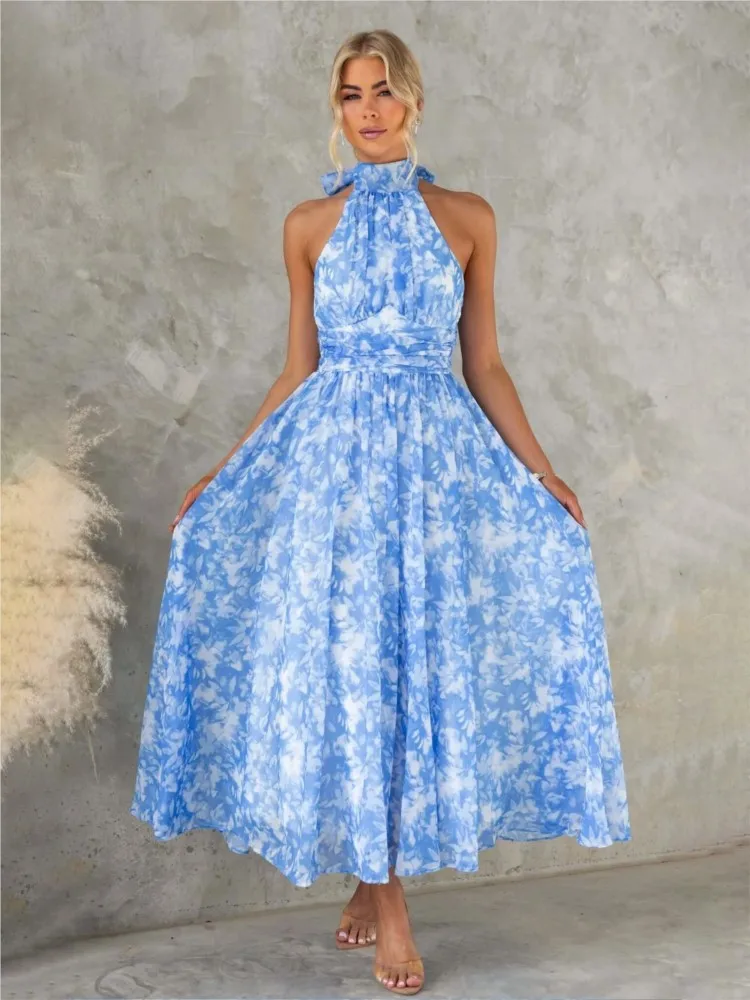 فستان نسائي صيفي جديد غير رسمي على طراز المنتجع موضة مطبوعة بدون أكمام وياقة رسن مثير بدون ظهر بقصة ضيقة فستان بحاشية متدفقة #4