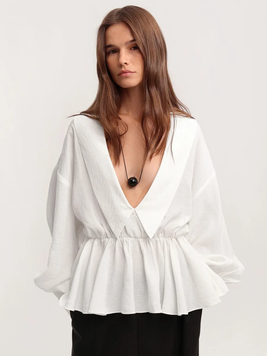

Sumuyoo 2026 Spring Summer New Deep V-neck Shirt with Cinched Waist and Ruffled Lantern Sleeves for Slimming Effect