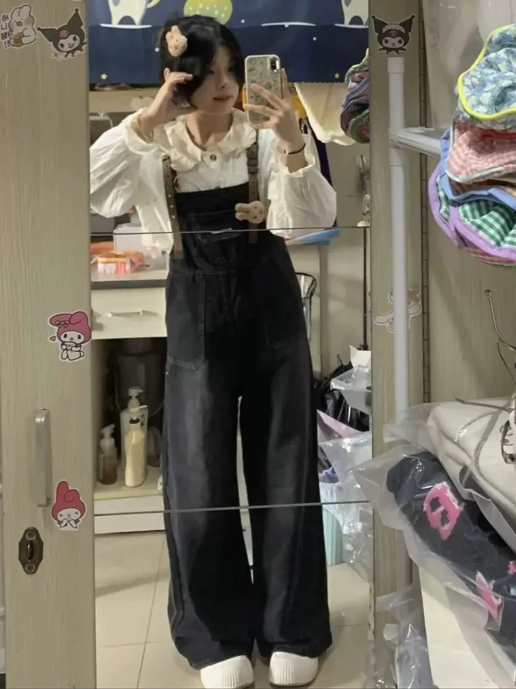 

Retro American Bla Denim Overalls Women's Spring Summer Loose Straight Leg Workwear Wide Leg terne Jumpsuit
