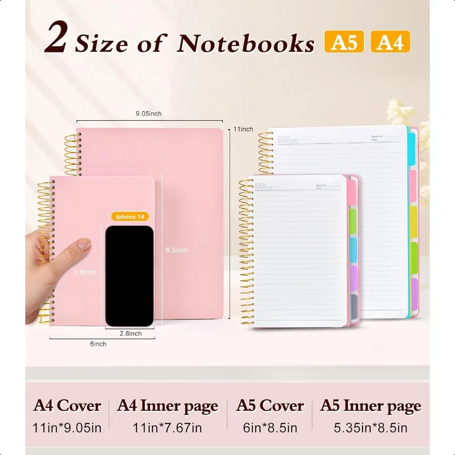 5 موضوع دفتر كلية مسطرة A5 دفتر دوامة بغلاف مقوى مع علامات تبويب فواصل الجيب القابلة للإزالة 240 صفحة رحلة حلزونية مبطنة