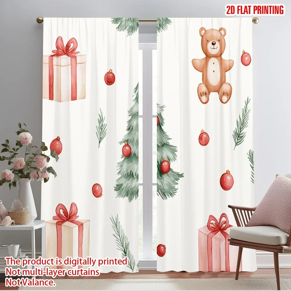 2pcs,2D plane printing Creative Curtains Cute Teddy Bear Christmas Tree Gifts (2) Versatile Polyester Fabric (without rod) Art
