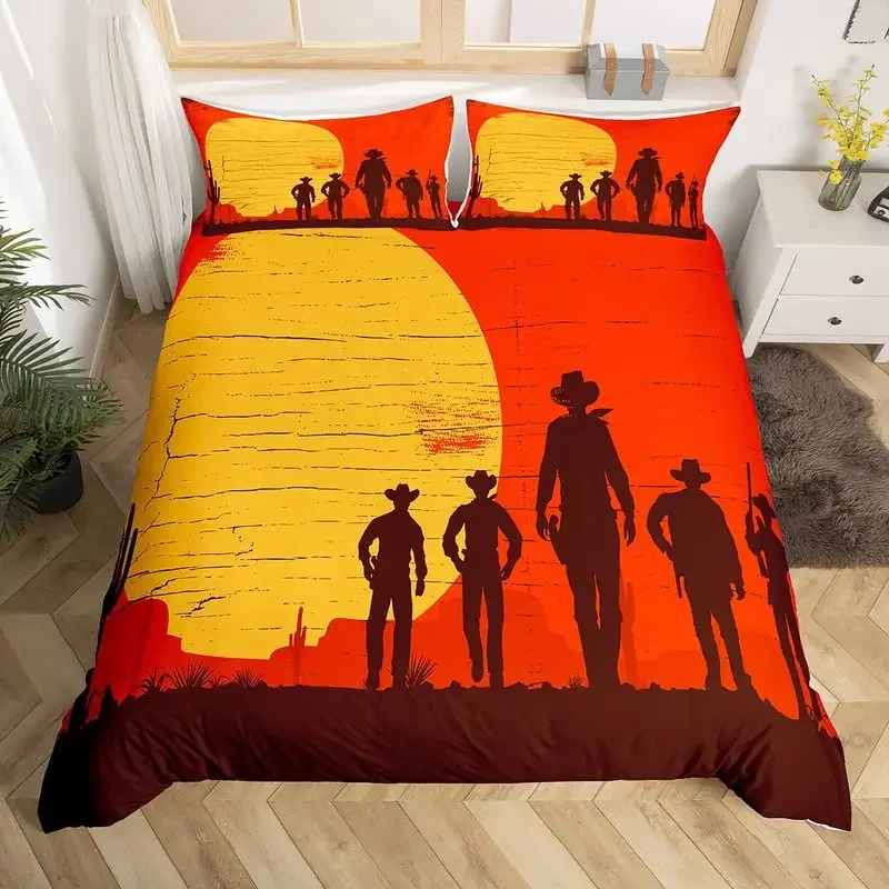 Conjunto de capa de edredão de cowboy ocidental, vintage equitação touro de madeira sinal antigo deserto no pôr do sol imagem estilo retro conjunto cama king size
