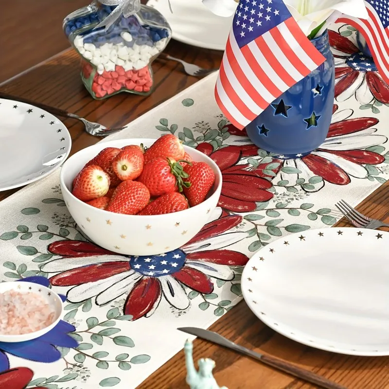 VIKAMA Red White Blue Daisy Patriotic Table Runner, 4th of July Rectangular Dining Table Cover for Independence Day Decor