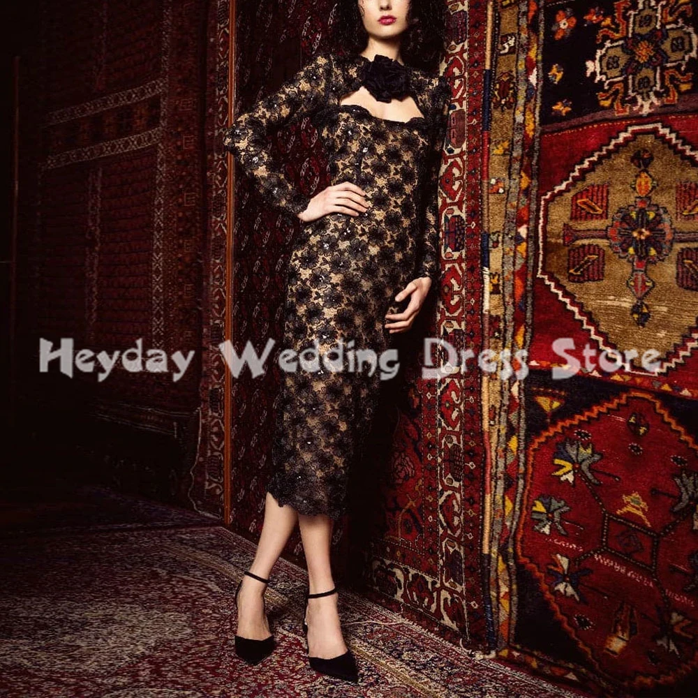 

Heyday Women's Lace Beaded 3D Flowers Straight Evening Dresses With Long Sleeves Tea-Length Formal Elegant Party Dresses 2025
