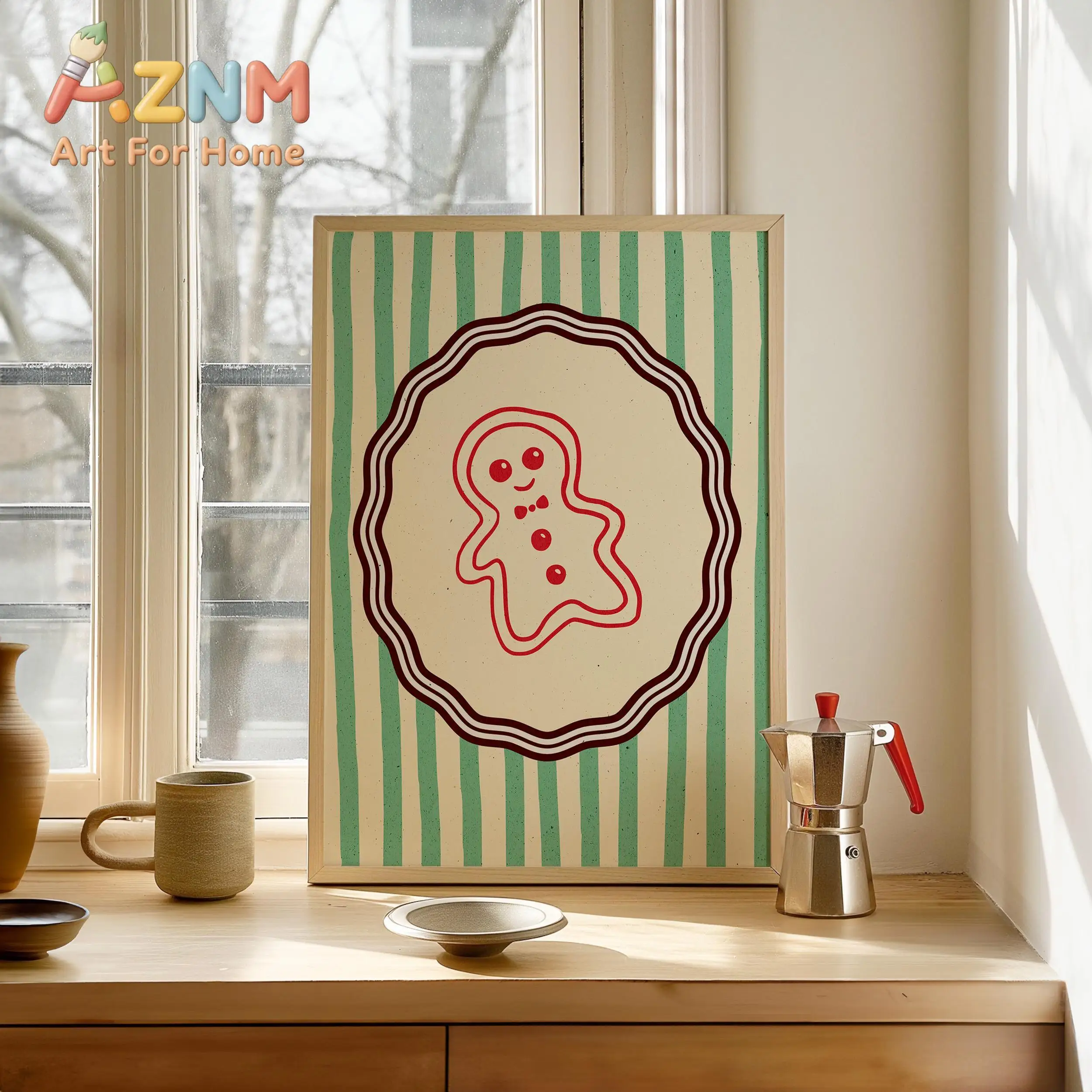 Vintage Gingerbread Christmas Poster Green Striped Kitchen Wall Art Poster - Holiday Cookie Canvas Prints for Living Room Decor